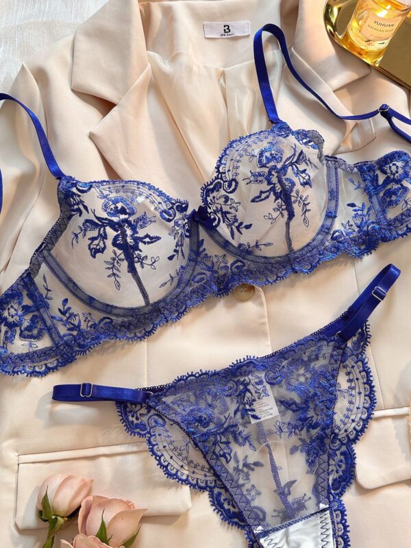 Flower embroidery see-through mesh sexy comfortable simple and generous underwear set - Image 2