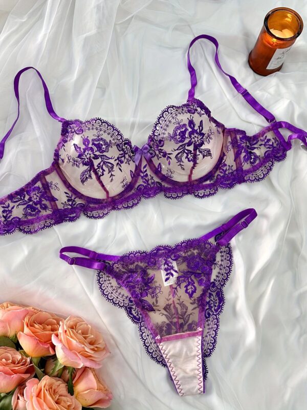 Flower embroidery see-through mesh sexy comfortable simple and generous underwear set - Image 4