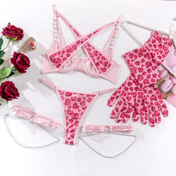 Pink Leopard Metal Chain Sexy Lingerie Women's Set with Gloves Leg Ring Valentine's Day Gift XS - Image 3
